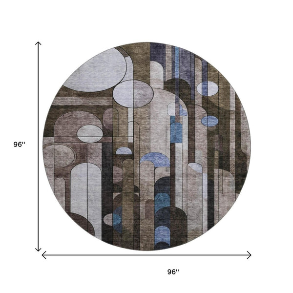 HomeRoots 8' Geometric Washable Round Rug in Brown, Blue & Beige - UV Protected, Stain Resistant & Durable Design 685279