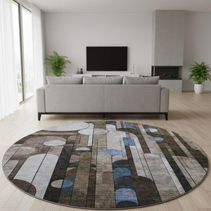 HomeRoots 8' Geometric Washable Round Rug in Brown, Blue & Beige - UV Protected, Stain Resistant & Durable Design 685279