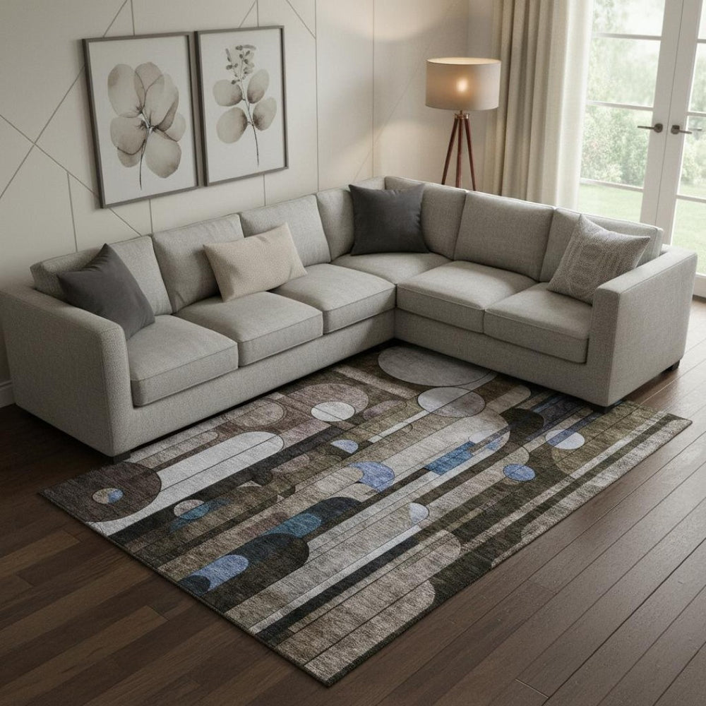 HomeRoots 9' X 12' Stylish Brown Blue Beige Geometric Washable Area Rug with UV Protection for Busy Homes 685281