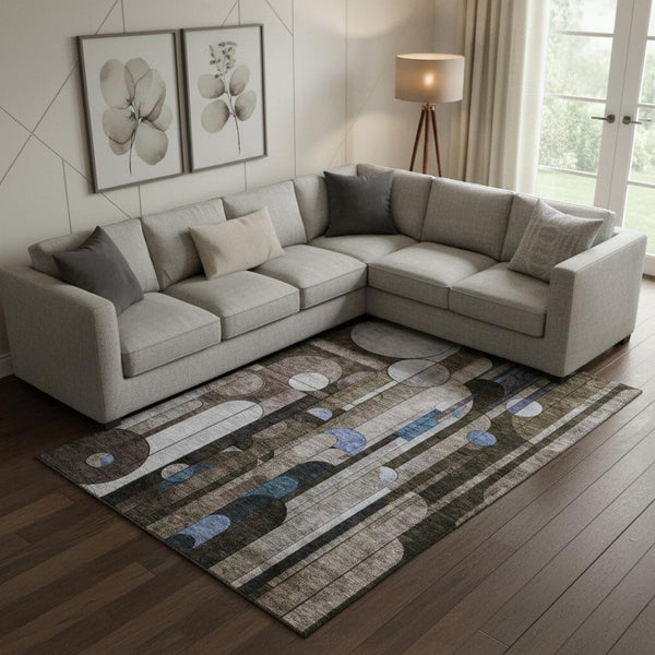 HomeRoots 9' X 12' Stylish Brown Blue Beige Geometric Washable Area Rug with UV Protection for Busy Homes 685281