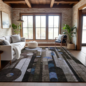 HomeRoots 9' X 12' Stylish Brown Blue Beige Geometric Washable Area Rug with UV Protection for Busy Homes 685281