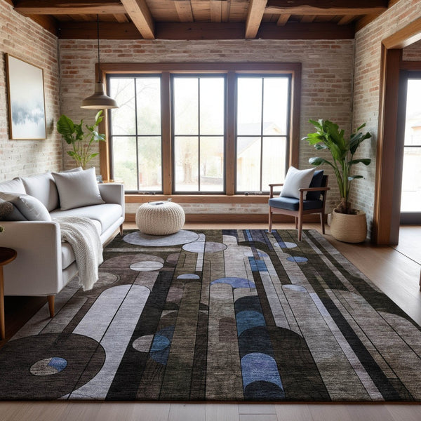 HomeRoots 9' X 12' Stylish Brown Blue Beige Geometric Washable Area Rug with UV Protection for Busy Homes 685281