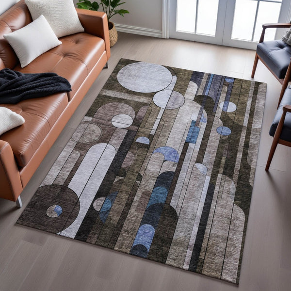 HomeRoots 9' X 12' Stylish Brown Blue Beige Geometric Washable Area Rug with UV Protection for Busy Homes 685281
