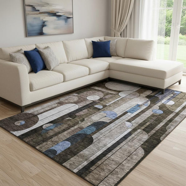 HomeRoots 10' Stylish Geometric Area Rug in Brown, Blue & Beige - Washable, UV Protected, Stain Resistant Design 685282