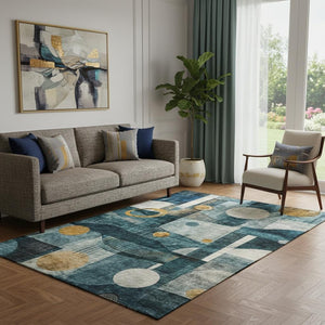 HomeRoots 5' X 8' Teal Copper Beige Modern Abstract Washable Area Rug with UV Protection for Cozy Spaces 685284