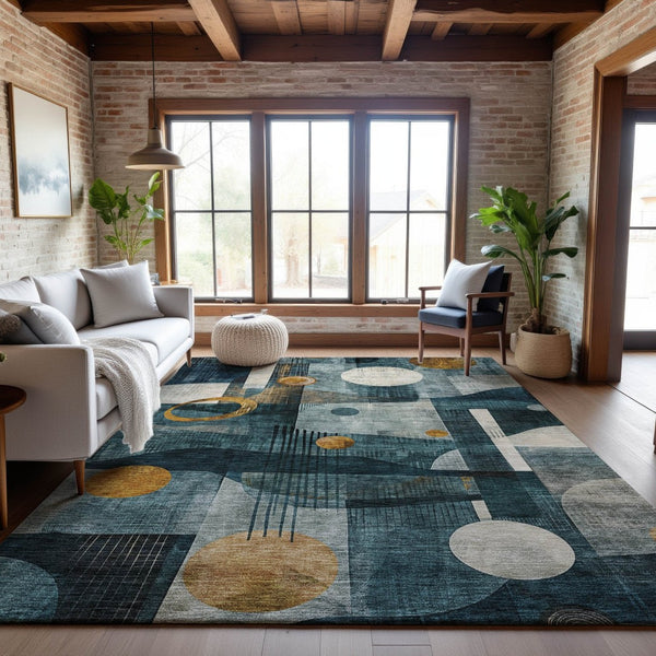 HomeRoots 5' X 8' Teal Copper Beige Modern Abstract Washable Area Rug with UV Protection for Cozy Spaces 685284