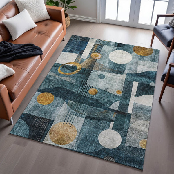 HomeRoots 5' X 8' Teal Copper Beige Modern Abstract Washable Area Rug with UV Protection for Cozy Spaces 685284