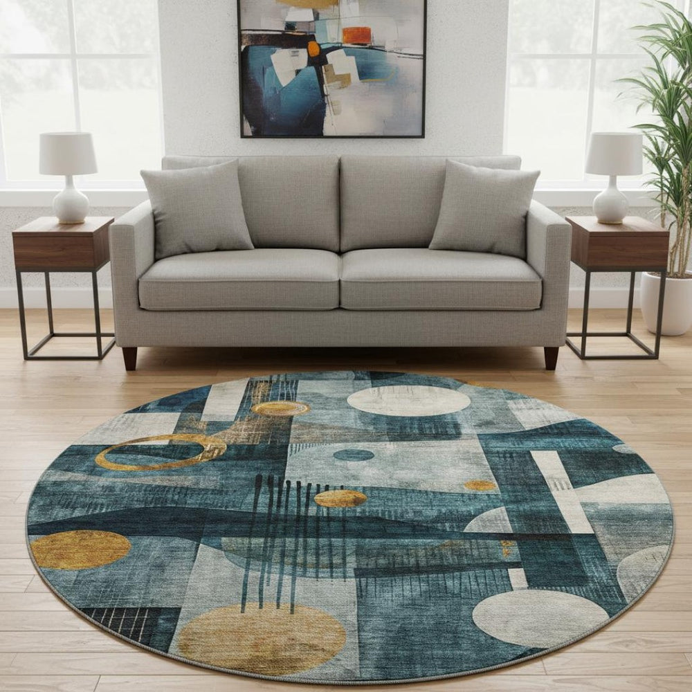 HomeRoots 8' Teal Copper Beige Abstract Round Rug – Washable, UV Protected, Stain Resistant for Modern Homes 685285
