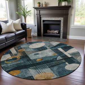 HomeRoots 8' Teal Copper Beige Abstract Round Rug – Washable, UV Protected, Stain Resistant for Modern Homes 685285