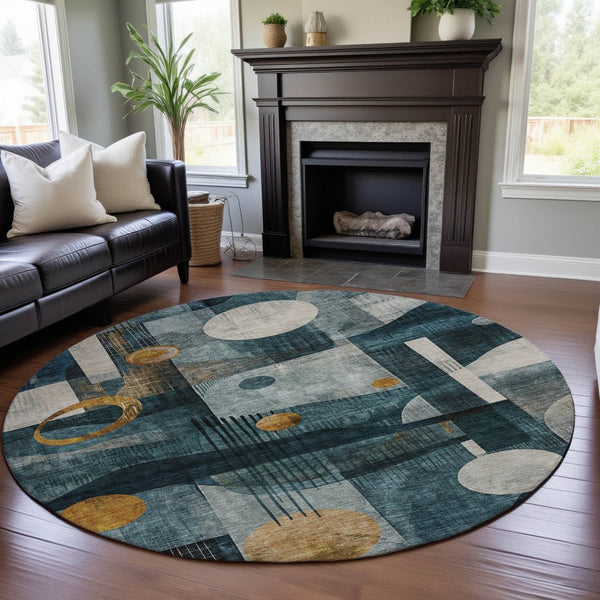 HomeRoots 8' Teal Copper Beige Abstract Round Rug – Washable, UV Protected, Stain Resistant for Modern Homes 685285