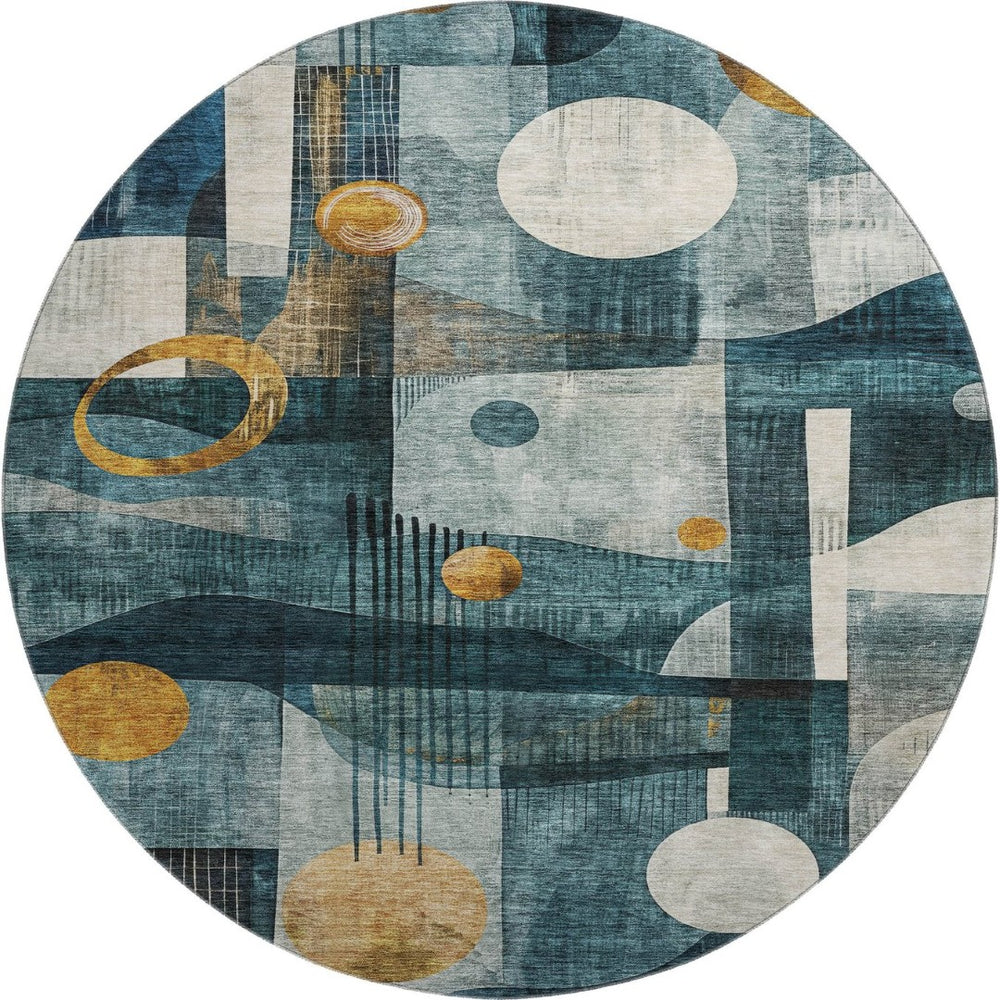 HomeRoots 8' Teal Copper Beige Abstract Round Rug – Washable, UV Protected, Stain Resistant for Modern Homes 685285