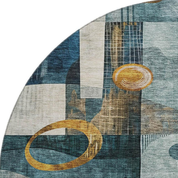 HomeRoots 8' Teal Copper Beige Abstract Round Rug – Washable, UV Protected, Stain Resistant for Modern Homes 685285