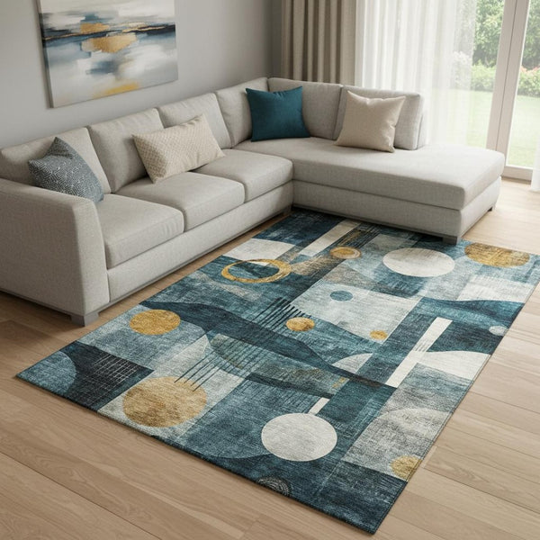 HomeRoots 8' X 10' Teal Copper Beige Abstract Geometric Washable Area Rug with UV Protection for High Traffic Spaces 685286