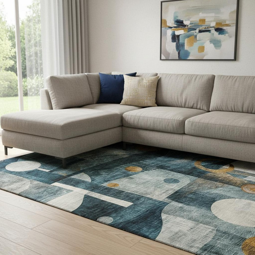 HomeRoots 10' Teal, Copper & Beige Abstract Geometric Washable Area Rug with UV Protection for Family Spaces 685288
