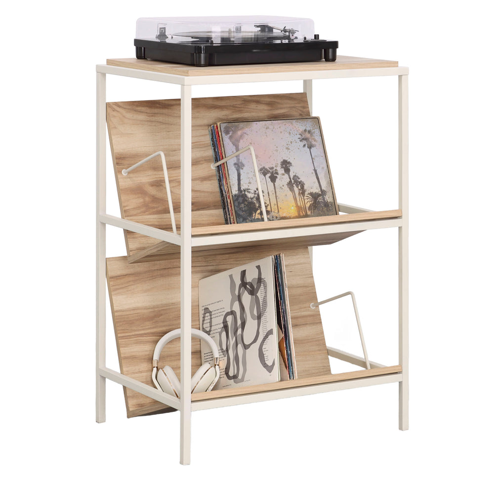 English Elm Accent Adjustable Acacia Wood Accent Storage Shelf with Tilted Shelves, Metal Frame, Compact Multipurpose Organizer B356P354449