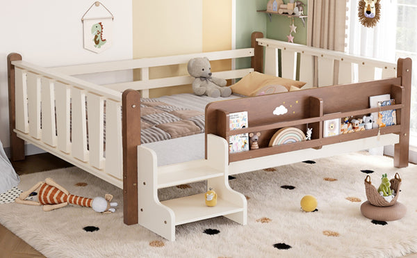 English Elm Twin Pine Floor Bed for Kids with Side Bookcases Built-in Stairs and Safety Guardrails Beige W1580P390220