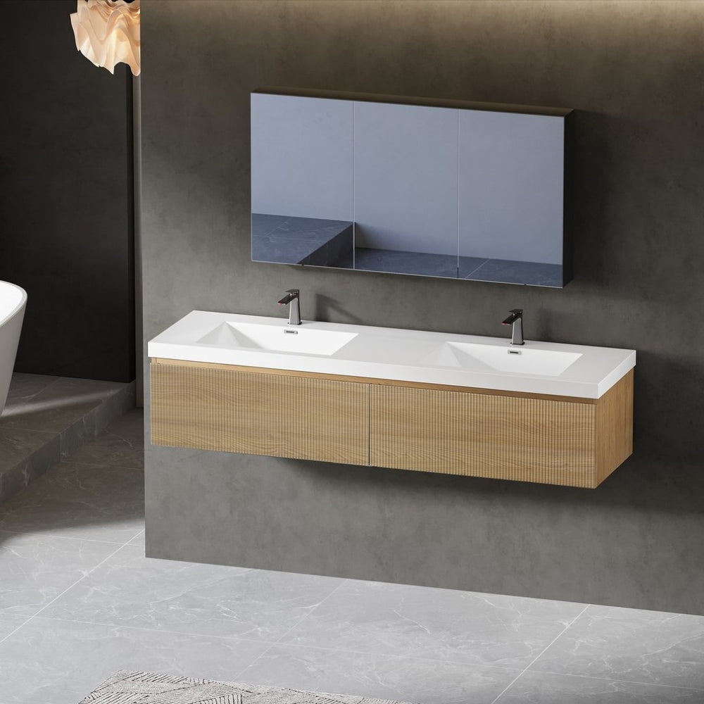 English Elm 72" Floating Oak Fluted Double Vanity with Stone Resin Basins for Primary Bath W1573P265205