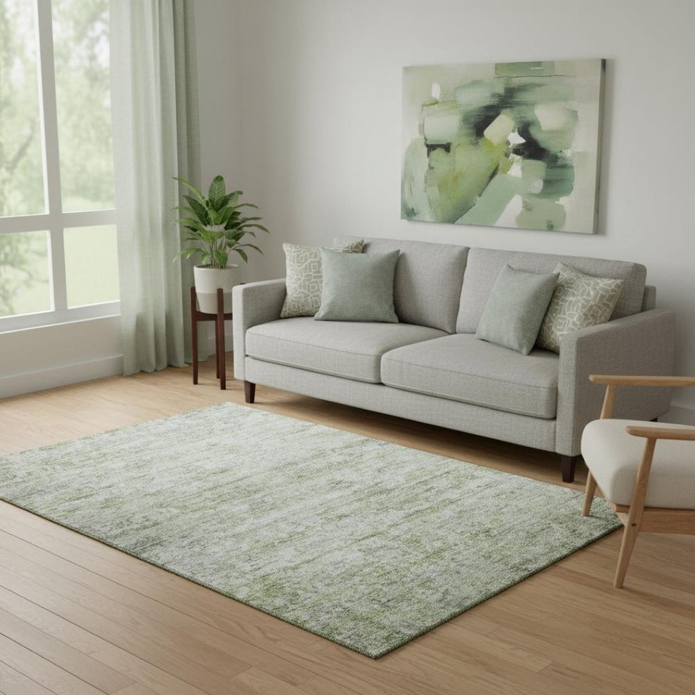HomeRoots 5' X 8' Stylish Artichoke Green & Gray Striped Washable Area Rug with UV Protection for Homes 685357