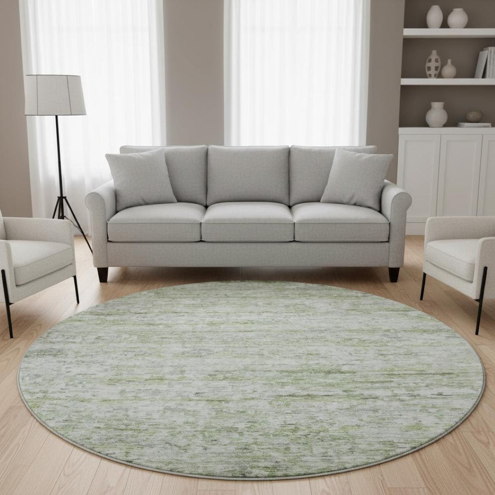 HomeRoots 8' Artichoke Green & Gray Striped Washable Round Rug with UV Protection for Stylish Spaces 685358
