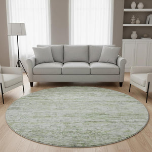 HomeRoots 8' Artichoke Green & Gray Striped Washable Round Rug with UV Protection for Stylish Spaces 685358
