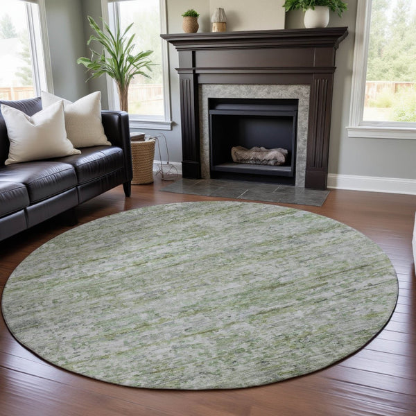 HomeRoots 8' Artichoke Green & Gray Striped Washable Round Rug with UV Protection for Stylish Spaces 685358