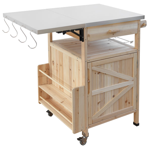 English Elm K&K 40.5" Outdoor Grill Cart with 201 Stainless Top, Solid Fir Storage, Drop Leaf & Lockable Wheels Natural N707P228272Y