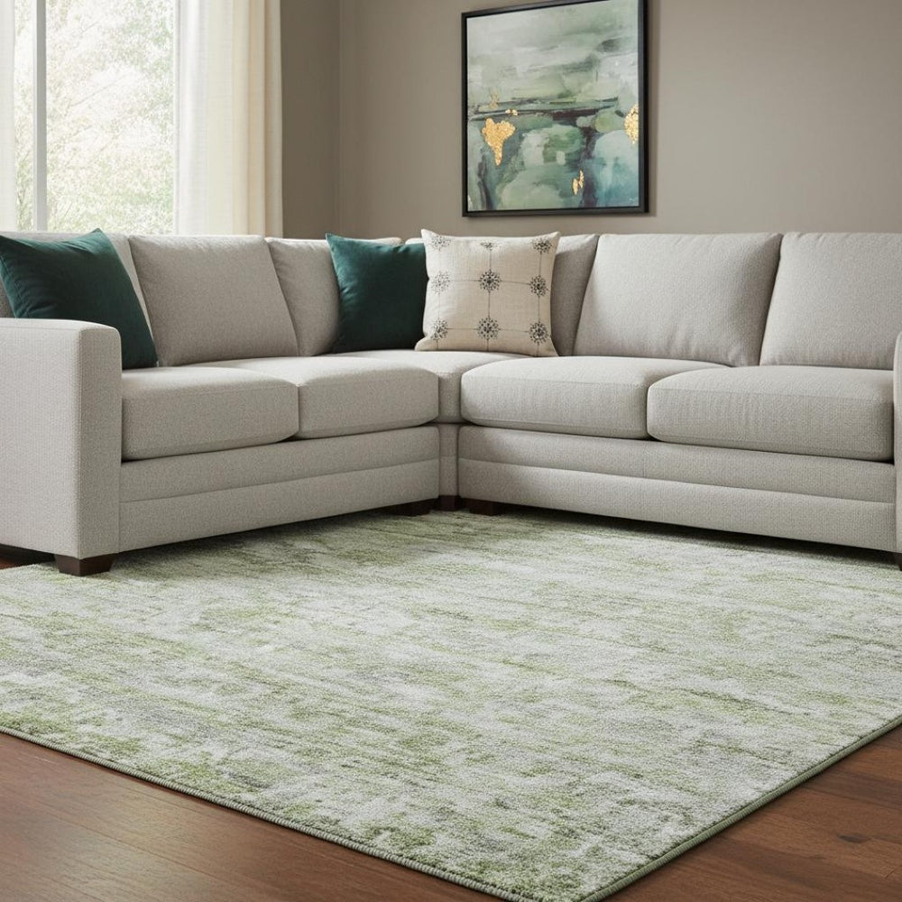 HomeRoots 10' Artichoke Green & Gray Striped Washable Area Rug - Durable, Stain Resistant & UV Protected! 685361