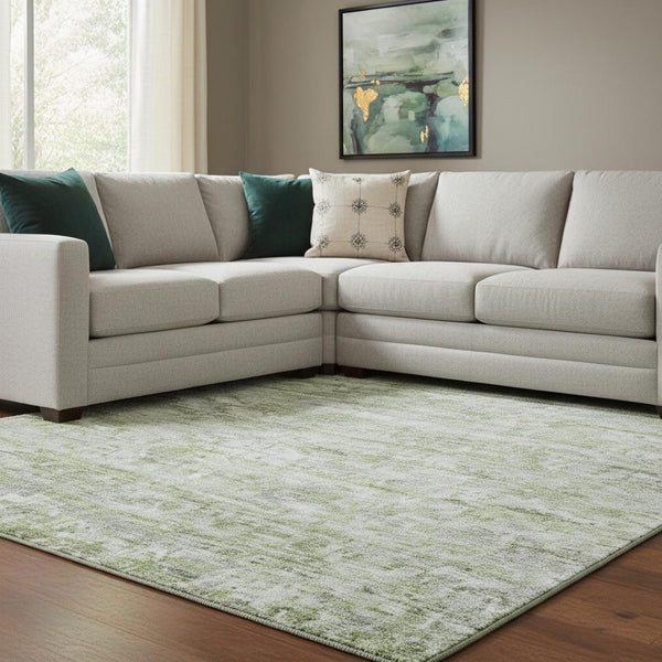HomeRoots 10' Artichoke Green & Gray Striped Washable Area Rug - Durable, Stain Resistant & UV Protected! 685361