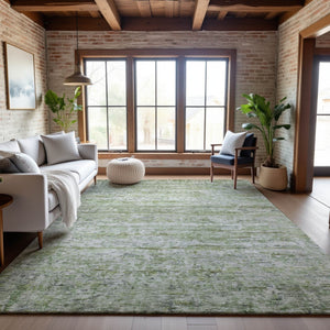 HomeRoots 10' Artichoke Green & Gray Striped Washable Area Rug - Durable, Stain Resistant & UV Protected! 685361