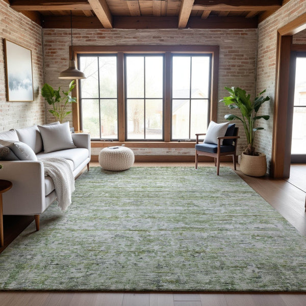 HomeRoots 10' Artichoke Green & Gray Striped Washable Area Rug - Durable, Stain Resistant & UV Protected! 685361