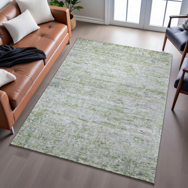 HomeRoots 10' Artichoke Green & Gray Striped Washable Area Rug - Durable, Stain Resistant & UV Protected! 685361