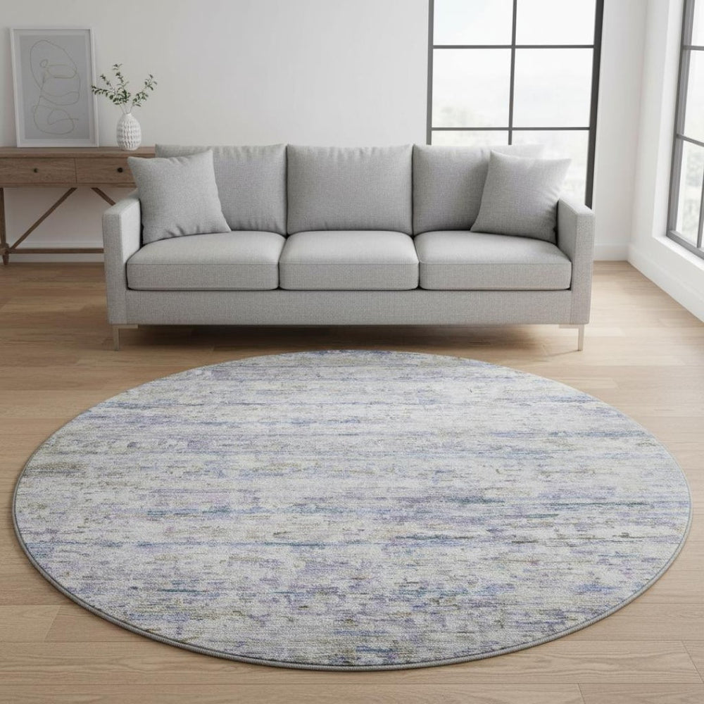 HomeRoots 8' Blue And Beige Striped Washable Round Rug - Durable, Stain Resistant, UV Protected for Family Spaces 685364