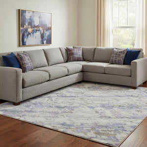 HomeRoots 10' X 14' Blue and Beige Striped Washable Area Rug - Durable, UV Protected for Stylish Living Spaces 685367