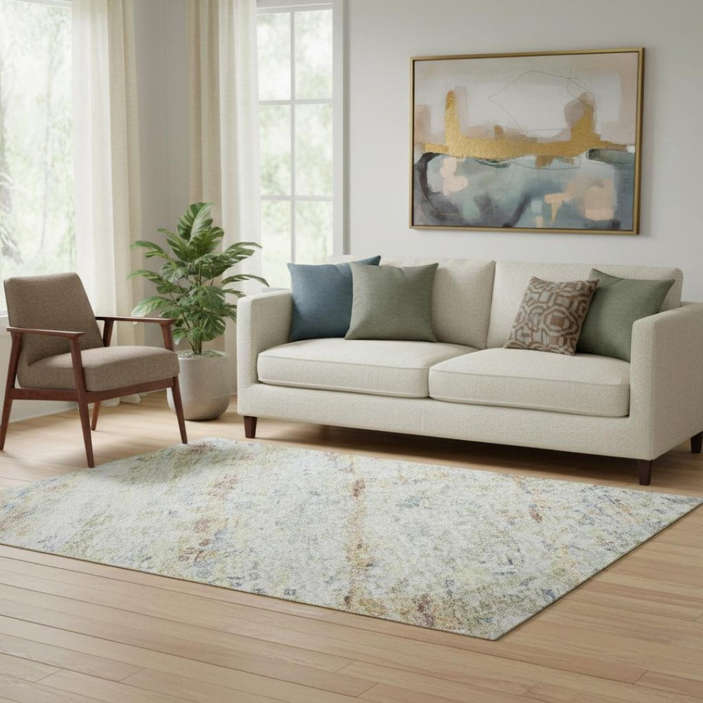 HomeRoots 5' Stylish Copper Beige & Blue Striped Washable Area Rug - UV Protected & Perfect for Busy Homes 685369