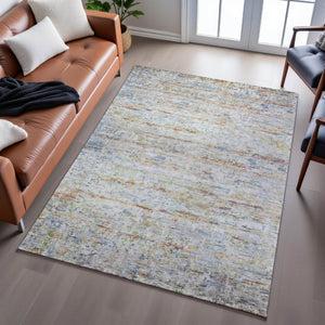 HomeRoots 5' Stylish Copper Beige & Blue Striped Washable Area Rug - UV Protected & Perfect for Busy Homes 685369