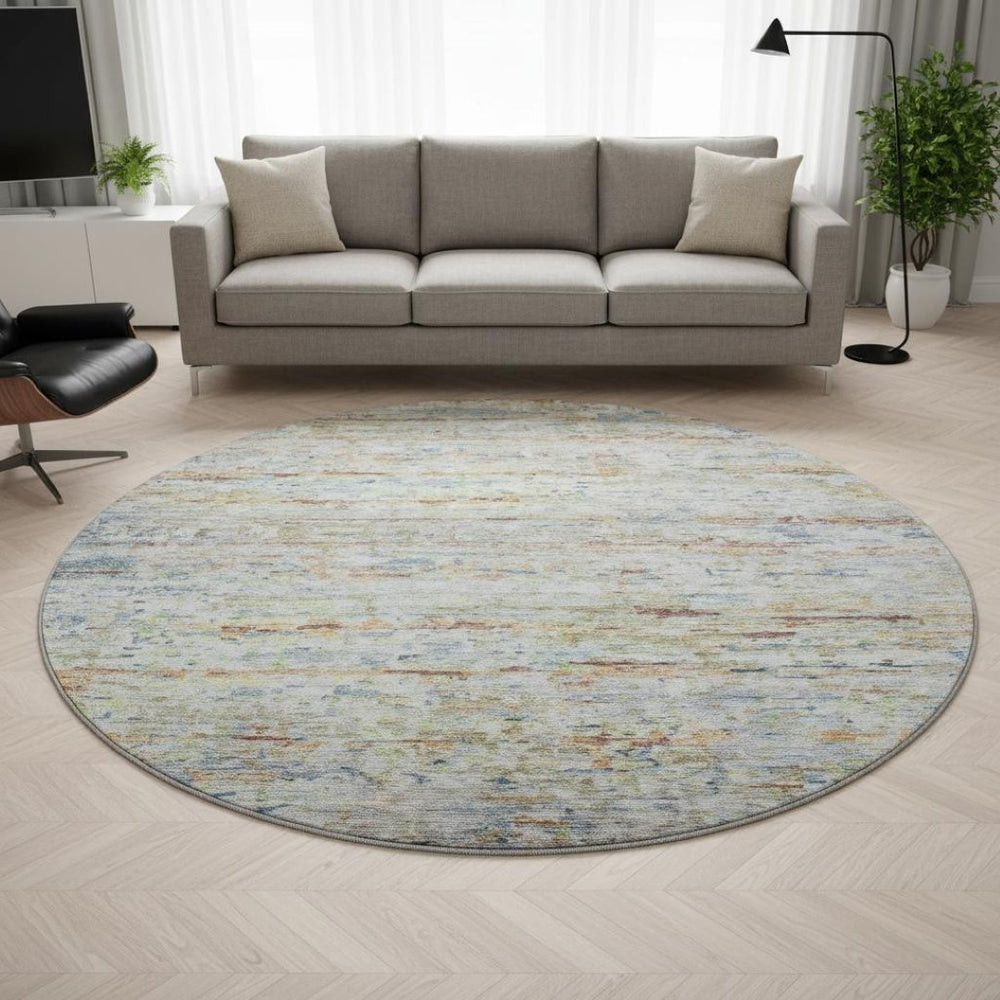 HomeRoots 8' Washable Round Rug in Copper Beige and Blue Stripes - Durable, Stain-Resistant, UV Protected Design 685370