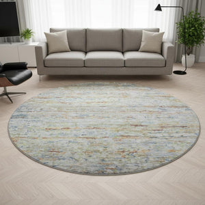 HomeRoots 8' Washable Round Rug in Copper Beige and Blue Stripes - Durable, Stain-Resistant, UV Protected Design 685370