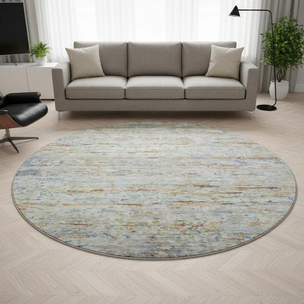HomeRoots 8' Washable Round Rug in Copper Beige and Blue Stripes - Durable, Stain-Resistant, UV Protected Design 685370