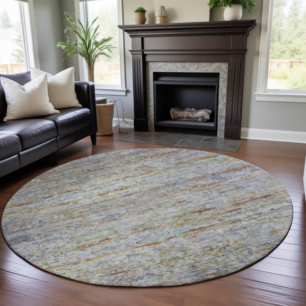 HomeRoots 8' Washable Round Rug in Copper Beige and Blue Stripes - Durable, Stain-Resistant, UV Protected Design 685370