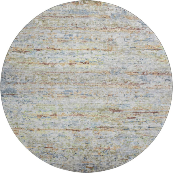 HomeRoots 8' Washable Round Rug in Copper Beige and Blue Stripes - Durable, Stain-Resistant, UV Protected Design 685370