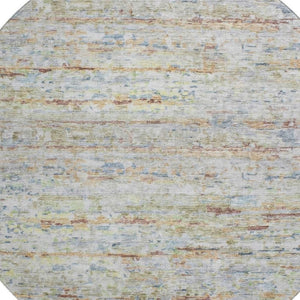 HomeRoots 8' Washable Round Rug in Copper Beige and Blue Stripes - Durable, Stain-Resistant, UV Protected Design 685370