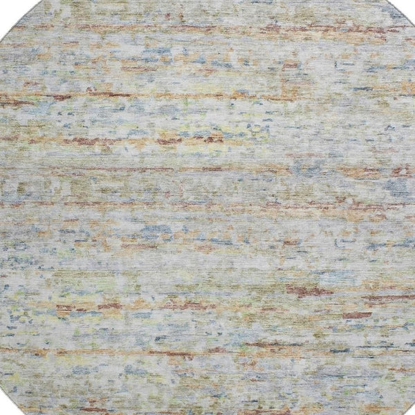 HomeRoots 8' Washable Round Rug in Copper Beige and Blue Stripes - Durable, Stain-Resistant, UV Protected Design 685370