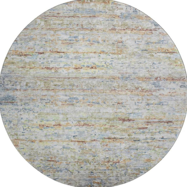 HomeRoots 8' Washable Round Rug in Copper Beige and Blue Stripes - Durable, Stain-Resistant, UV Protected Design 685370