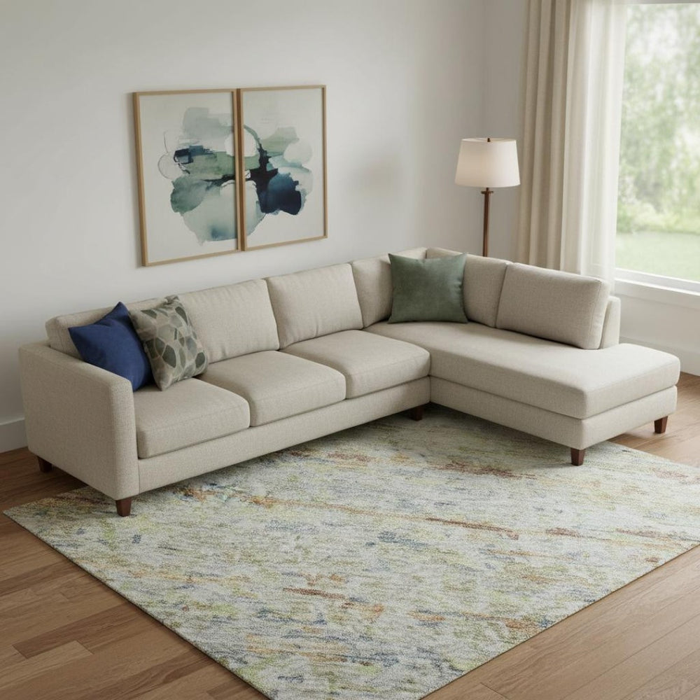 HomeRoots 9' X 12' Striped Area Rug in Copper Beige & Blue - Durable, Washable, UV Protected, Stain Resistant 685372