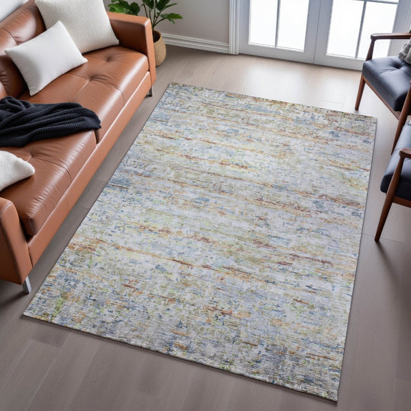 HomeRoots 10' X 14' Copper Beige and Blue Striped Area Rug - Washable, Stain Resistant, UV Protected Style! 685373