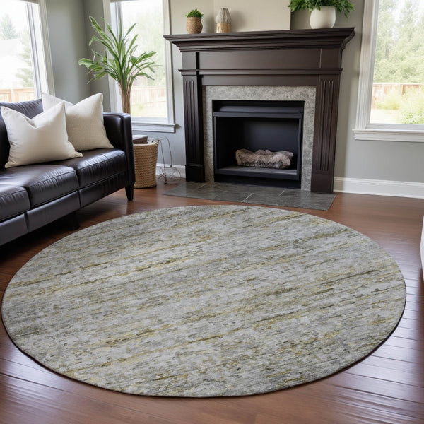 HomeRoots 8' Stylish Taupe Brown and Beige Striped Washable Round Rug with UV Protection for Indoor & Outdoor Use 685376