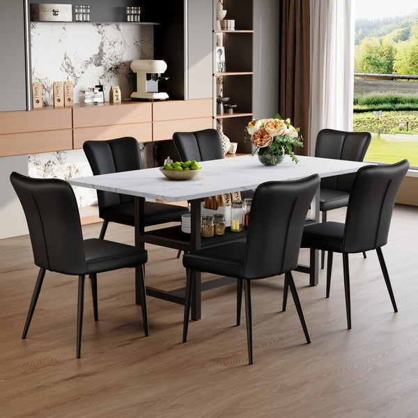 English Elm Table And Chair Set - Modern 71" White Grain Dining Table With Storage & 6 Black Stripe Chairs W1151S04268-GIGA