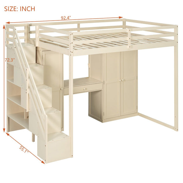 English Elm Full Size Loft Bed with Wardrobe Dressing Mirror Usb Ports and Teen Room Storage LT000276AAA
