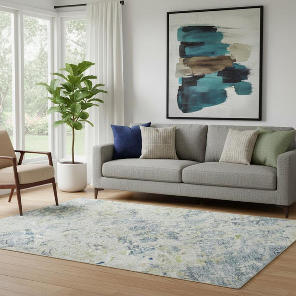 HomeRoots 5' Modern Blue Beige Gold Abstract Washable Area Rug with UV Protection for Stylish Family Spaces 685381