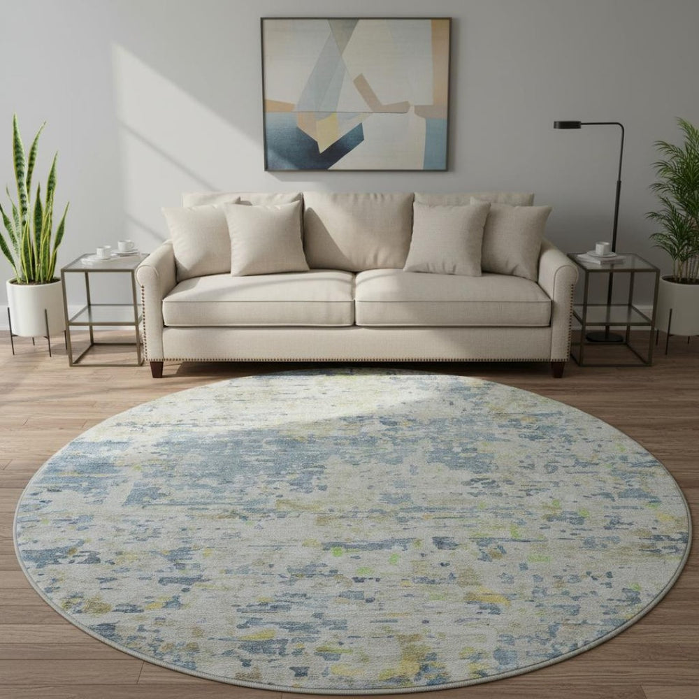HomeRoots 8' Blue Beige and Gold Abstract Washable Round Rug – Durable, Stylish, UV Protected for Busy Homes 685382